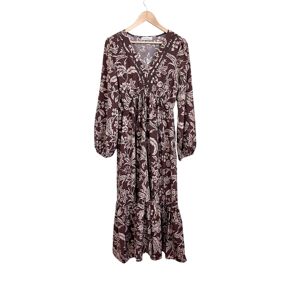 Rusttydustty Cottage Floral Tiered Maxi Dress Womens XL Brown‎ Forest Fairy Boho
